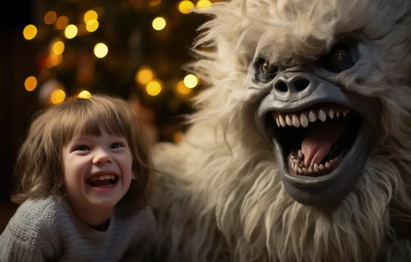 Photo wallpaper joy, lights, smile, new year, monster, Christmas, girl, digital art