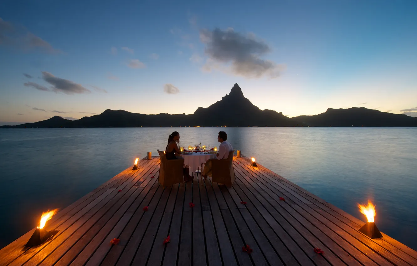 Photo wallpaper sunset, Bora-Bora, table for two, romantic dining