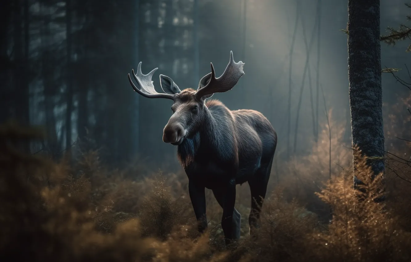 Photo wallpaper autumn, forest, trees, nature, fog, the bushes, moose, digital art