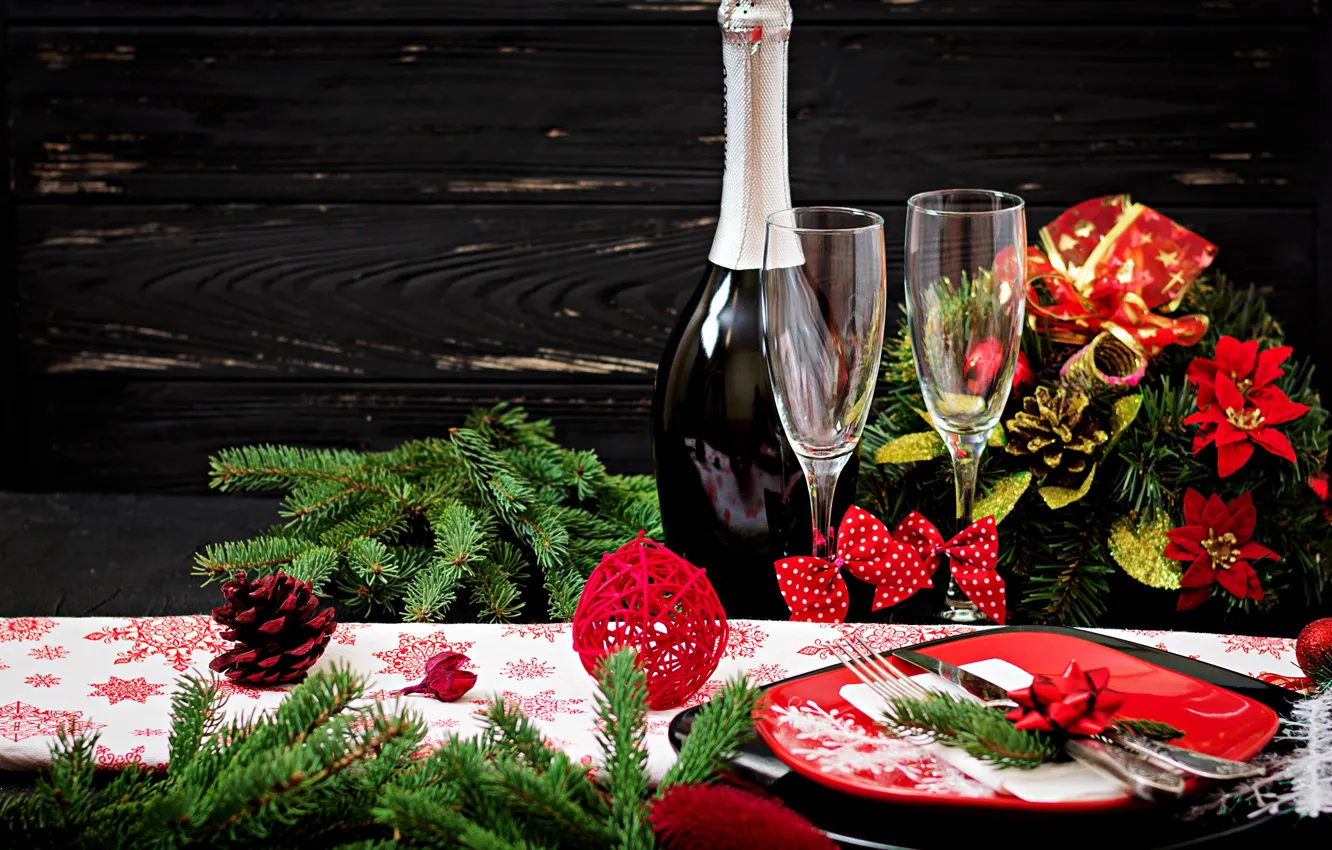 Photo wallpaper decoration, glass, new year, Christmas, champagne, Christmas, wood, New Year