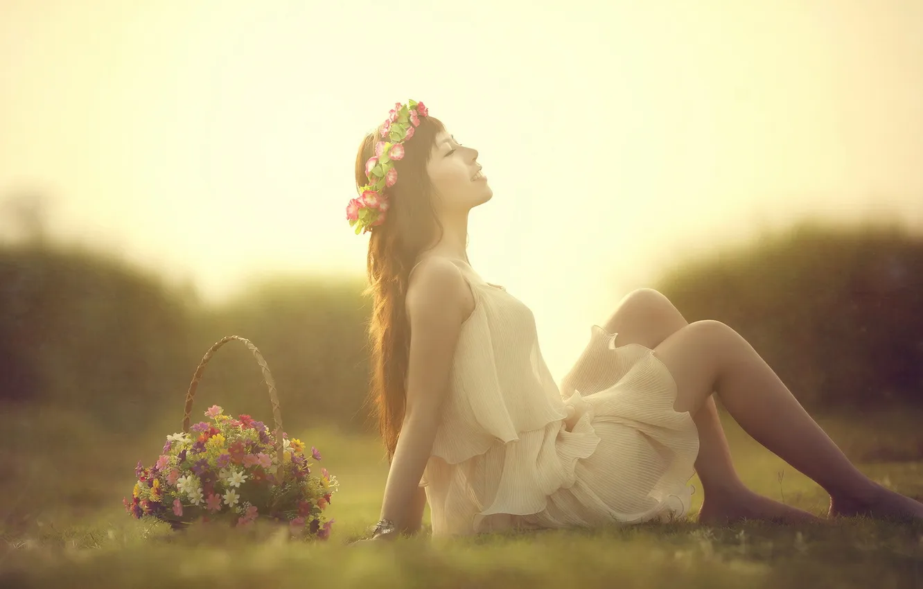 Photo wallpaper girl, flowers, Asian