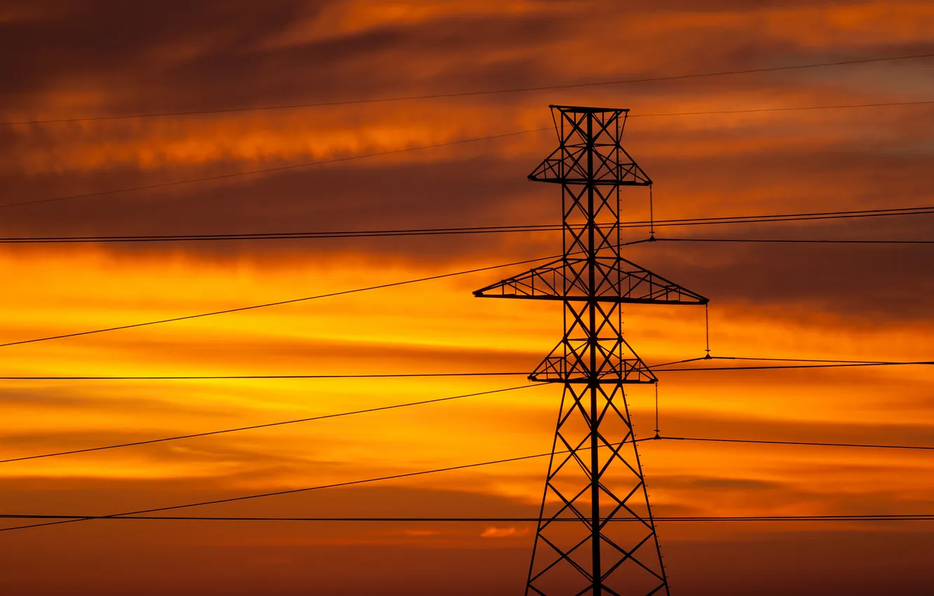 Photo wallpaper the sky, clouds, support, glow, power lines