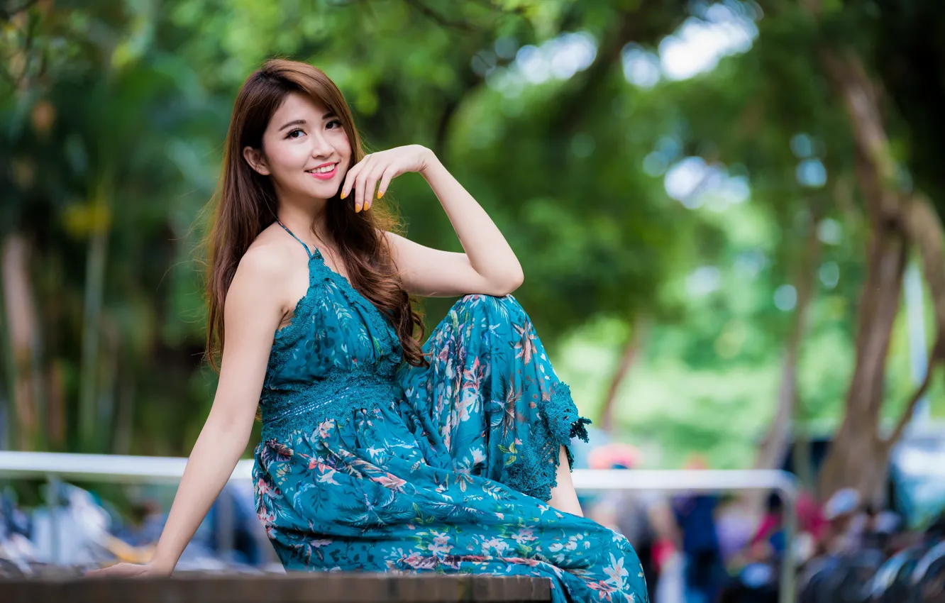 Photo wallpaper girl, smile, hair, dress, Asian