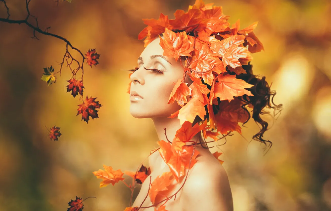 Photo wallpaper autumn, leaves, girl