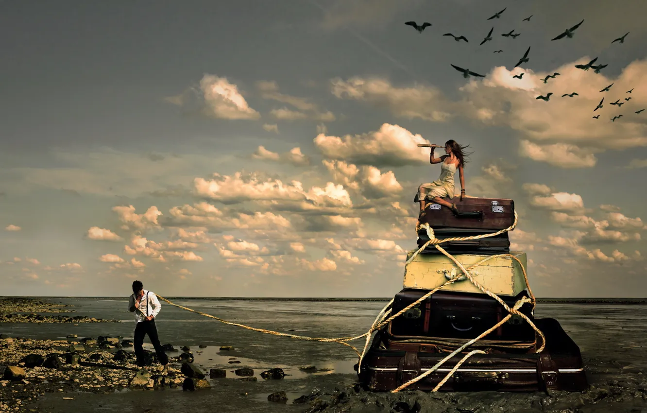 Photo wallpaper sea, girl, the situation, guy, suitcases