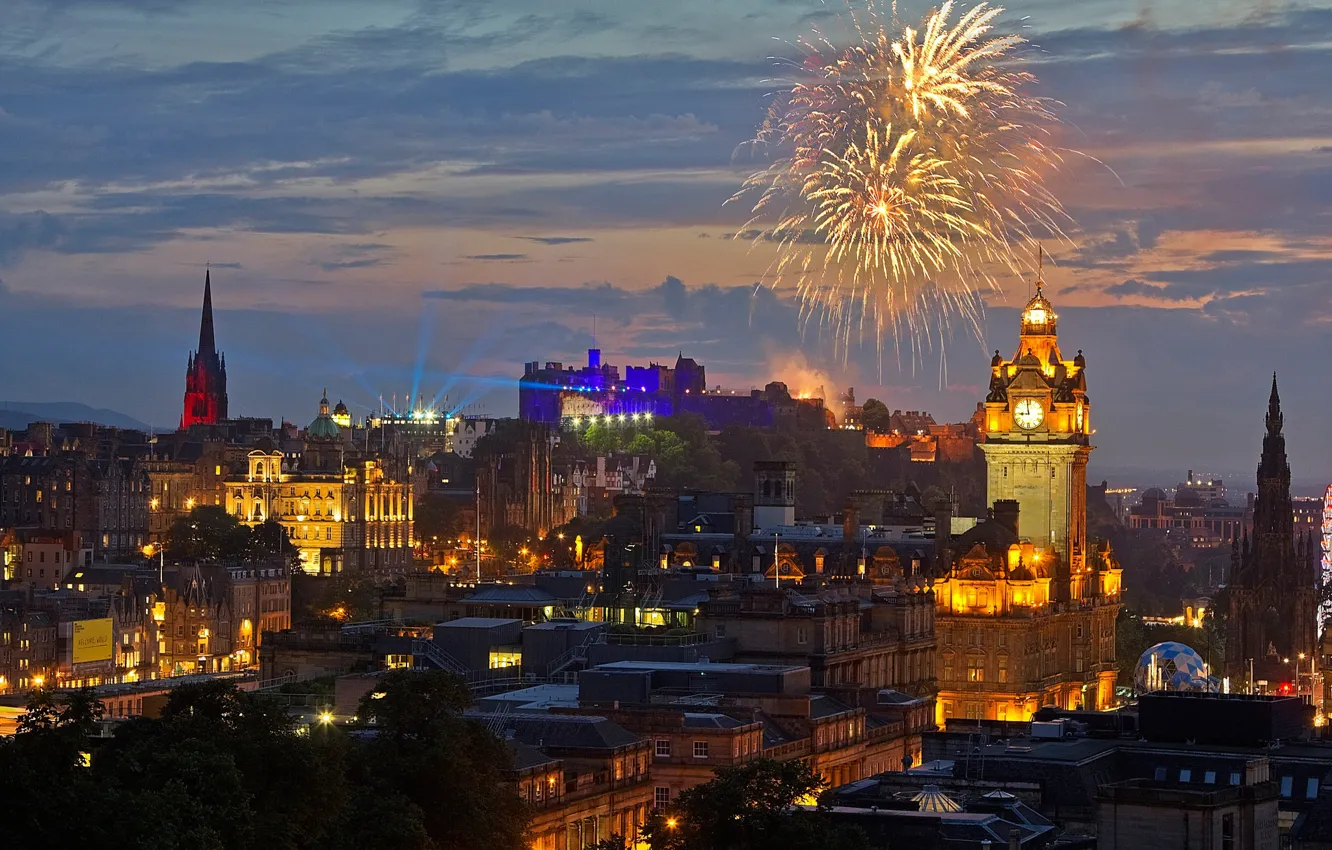 Photo wallpaper night, lights, holiday, home, salute, Scotland, panorama, fireworks