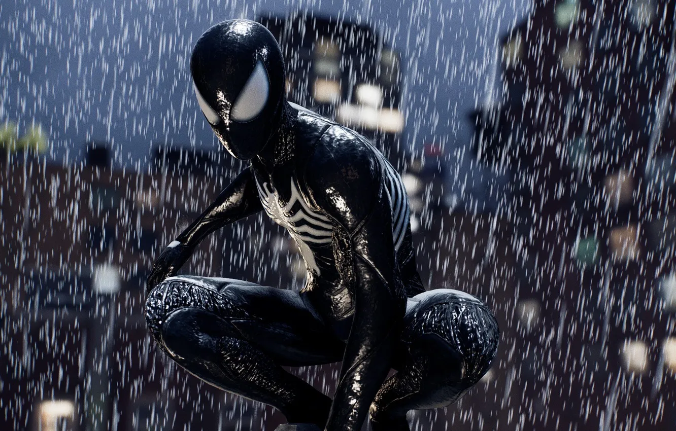 Photo wallpaper rain, evil, Symbiote, black suit, Marvel Spider Man 2, spider-man