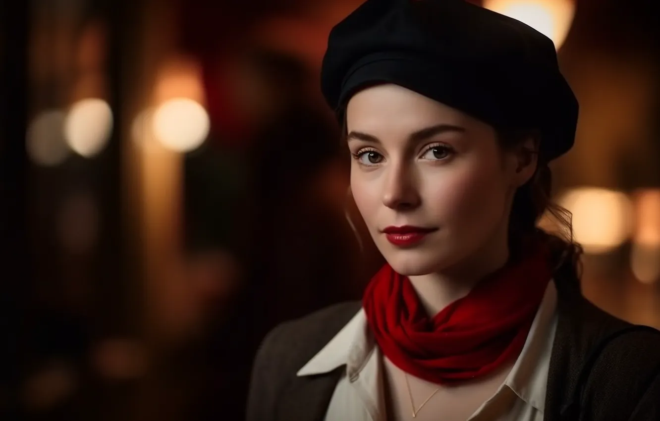 Photo wallpaper look, girl, red, face, lights, portrait, jacket, scarf