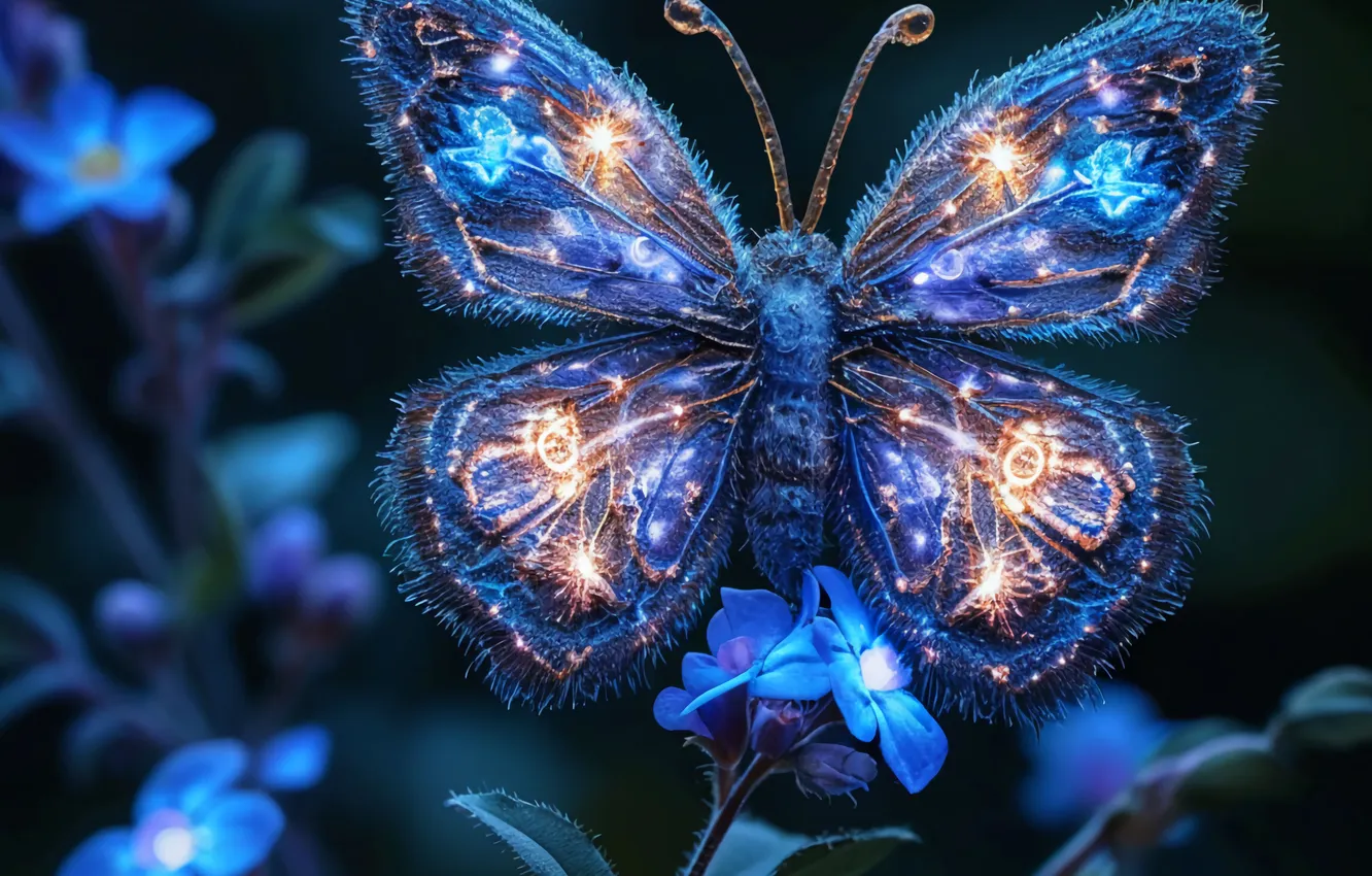 Photo wallpaper blue, butterfly, black, AI ART