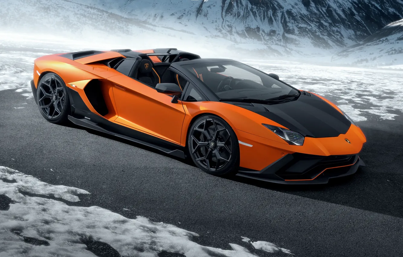 Photo wallpaper road, auto, snow, mountains, Lamborghini, Lamborghini LP700-4 Aventador Novitec, LP 780-4 Ultimae roadster