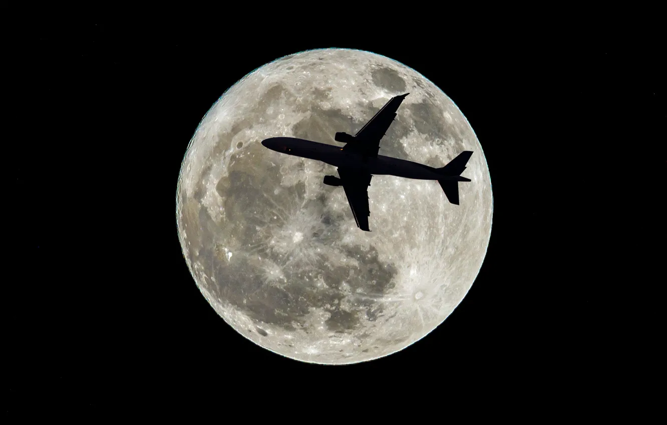 Photo wallpaper the plane, the moon, satellite, silhouette