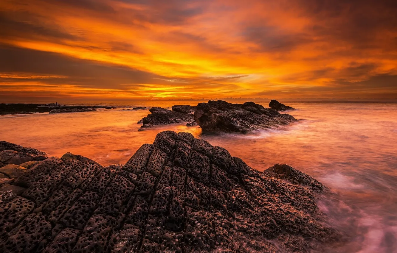 Photo wallpaper sea, the sky, the sun, clouds, sunset, bright, stones, rocks