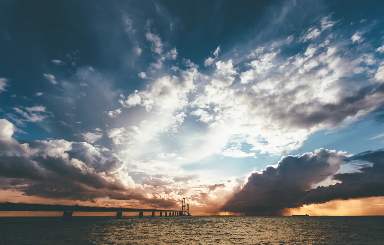 Photo wallpaper sea, the sky, landscape, clouds, bridge, The great belt
