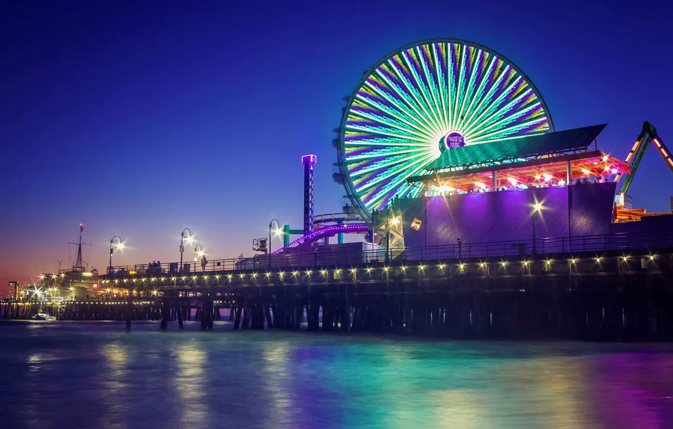 Photo wallpaper night, lights, CA, Ferris wheel, USA, Pier Santa Monica