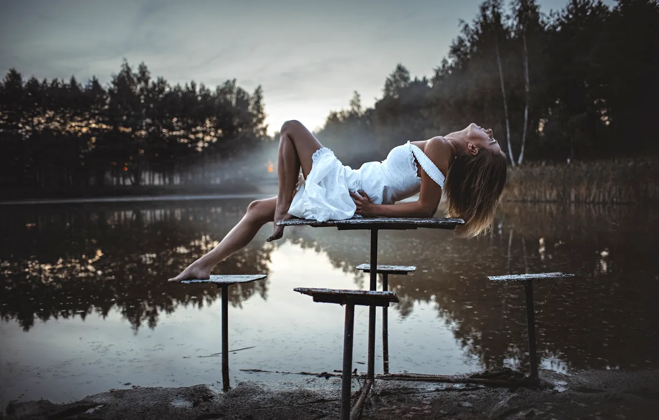 Photo wallpaper pose, lake, table, mood, feet, morning, on the table