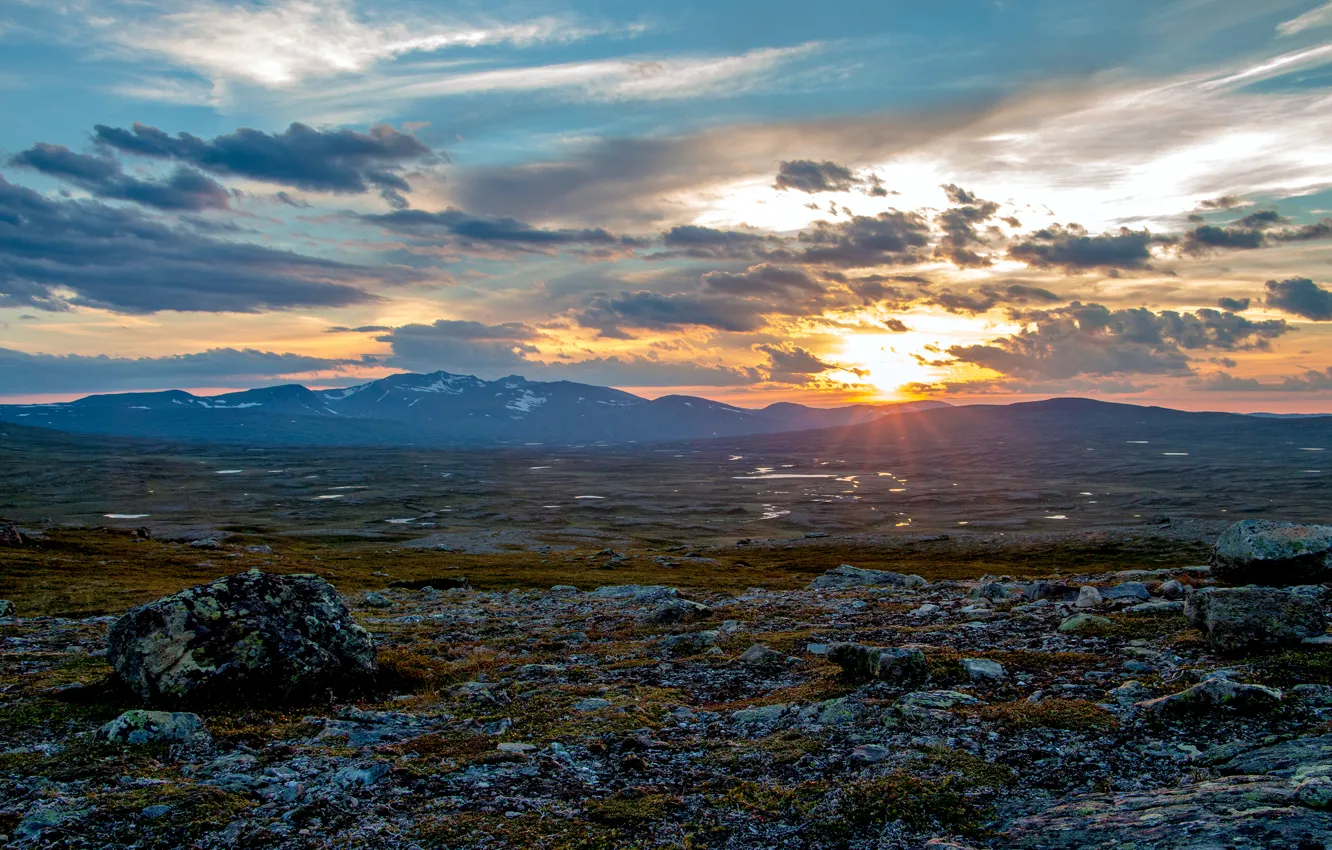 Photo wallpaper the sky, clouds, sunset, mountains, plain, Sweden