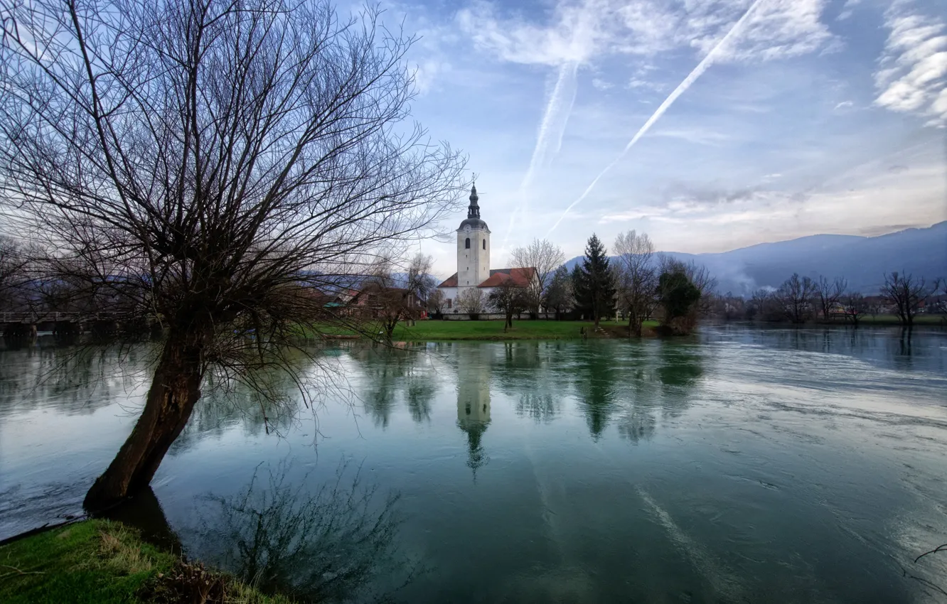 Photo wallpaper trees, mountains, river, shore, home, Church, Slovenia, Kostanjevica