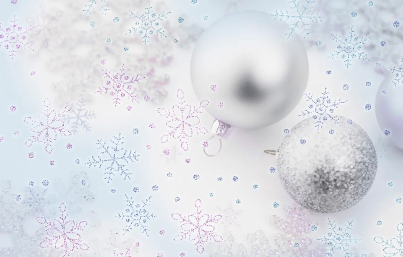 Photo wallpaper winter, balls, snowflakes, new year