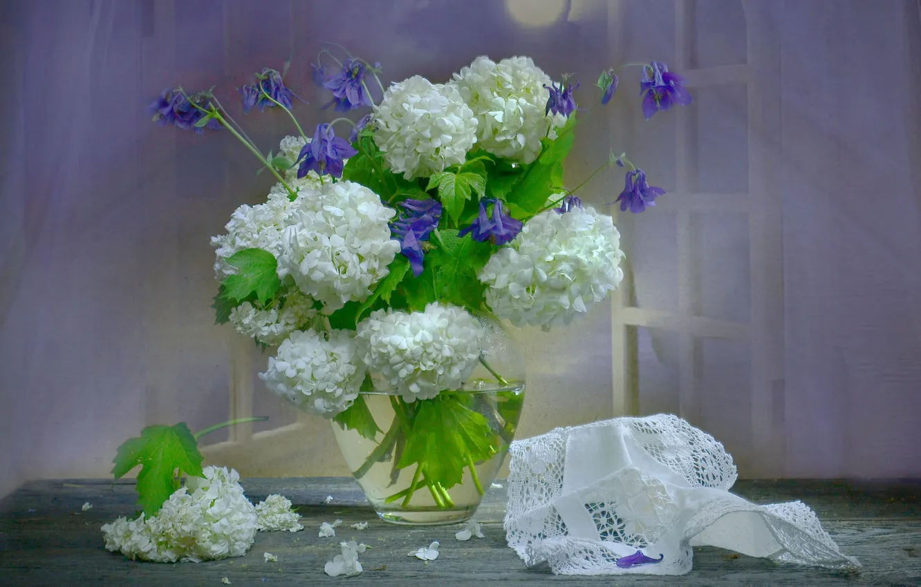 Photo wallpaper flowers, night, the moon, window, vase, napkin, hydrangea, Aquilegia