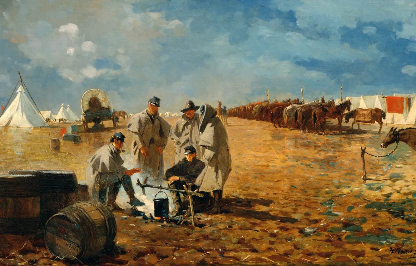 Photo wallpaper picture, the fire, soldiers, genre, Winslow Homer, Winslow Homer, Rainy Day in Camp