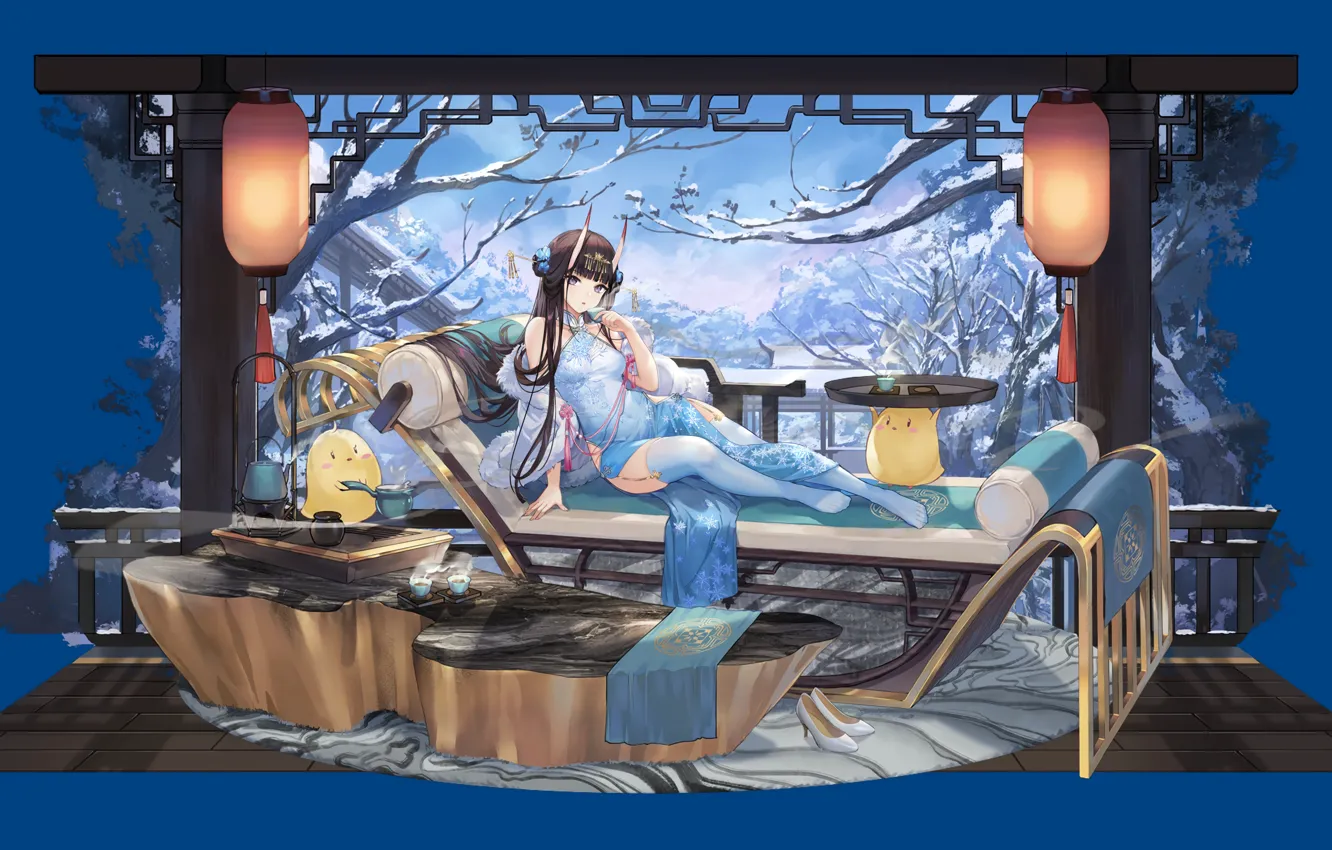 Photo wallpaper girl, sexy, thighhighs, long hair, dress, anime, beautiful, purple eyes