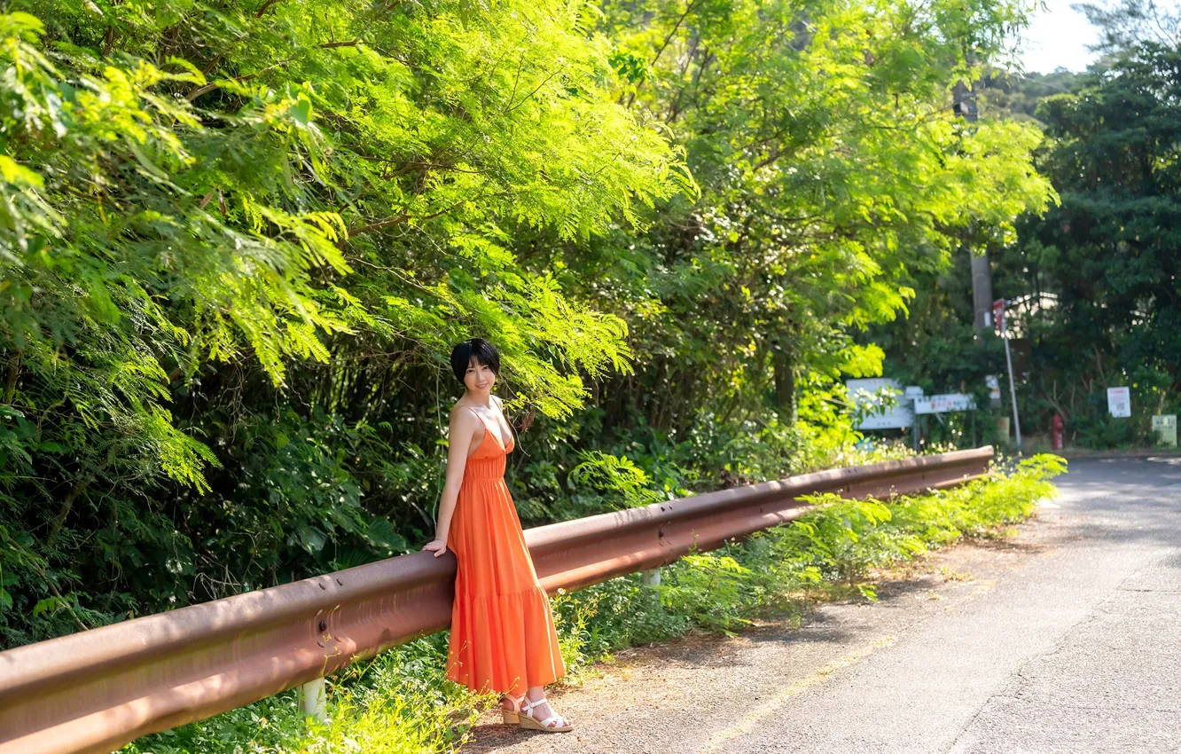 Photo wallpaper road, trees, woman, model, street, pretty, asian, japanese