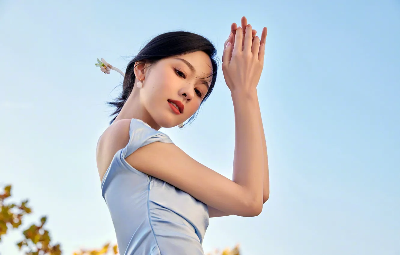 Photo wallpaper look, beauty, Asian, gesture, cutie, brown eyes, asian, blue sky