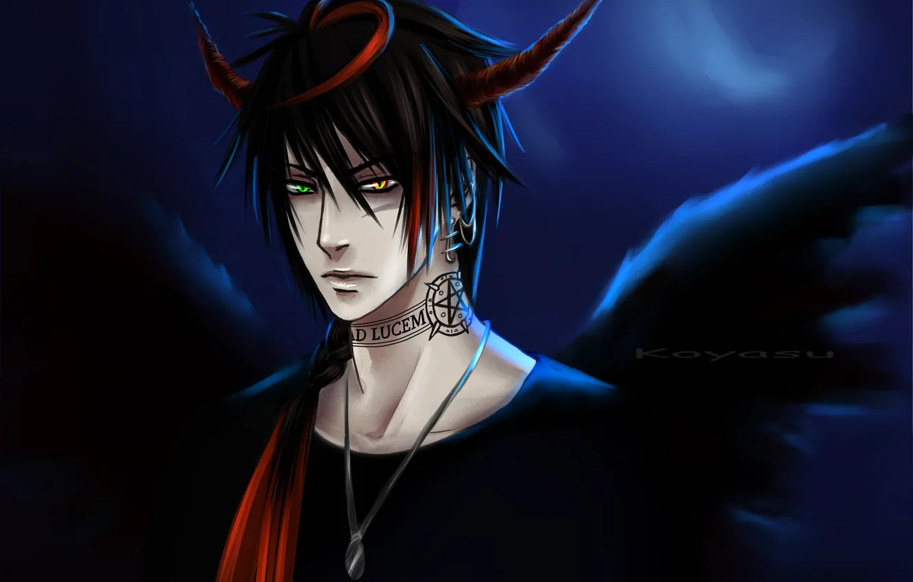 Photo wallpaper look, wings, the demon, tattoo, horns, guy, art, Koyasu