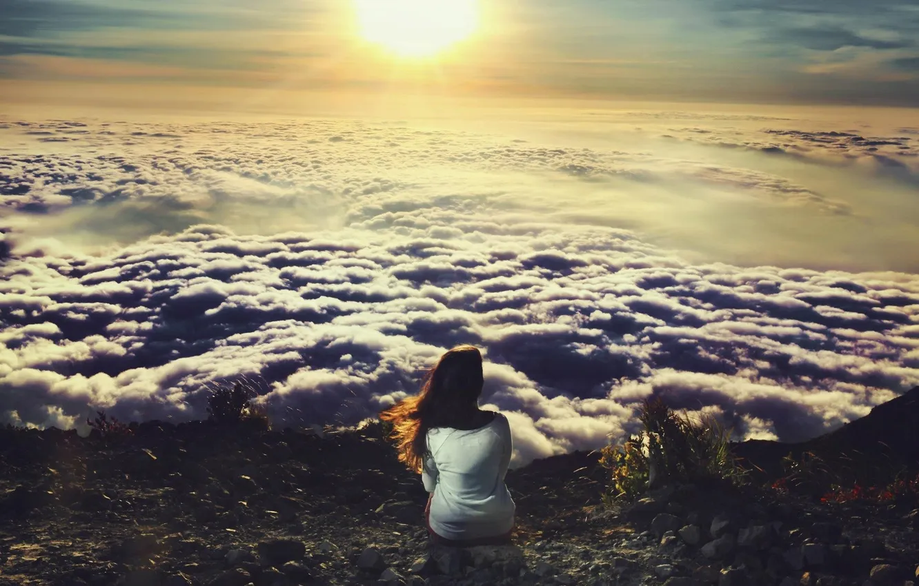 Photo wallpaper the sky, girl, the sun, clouds, loneliness, height
