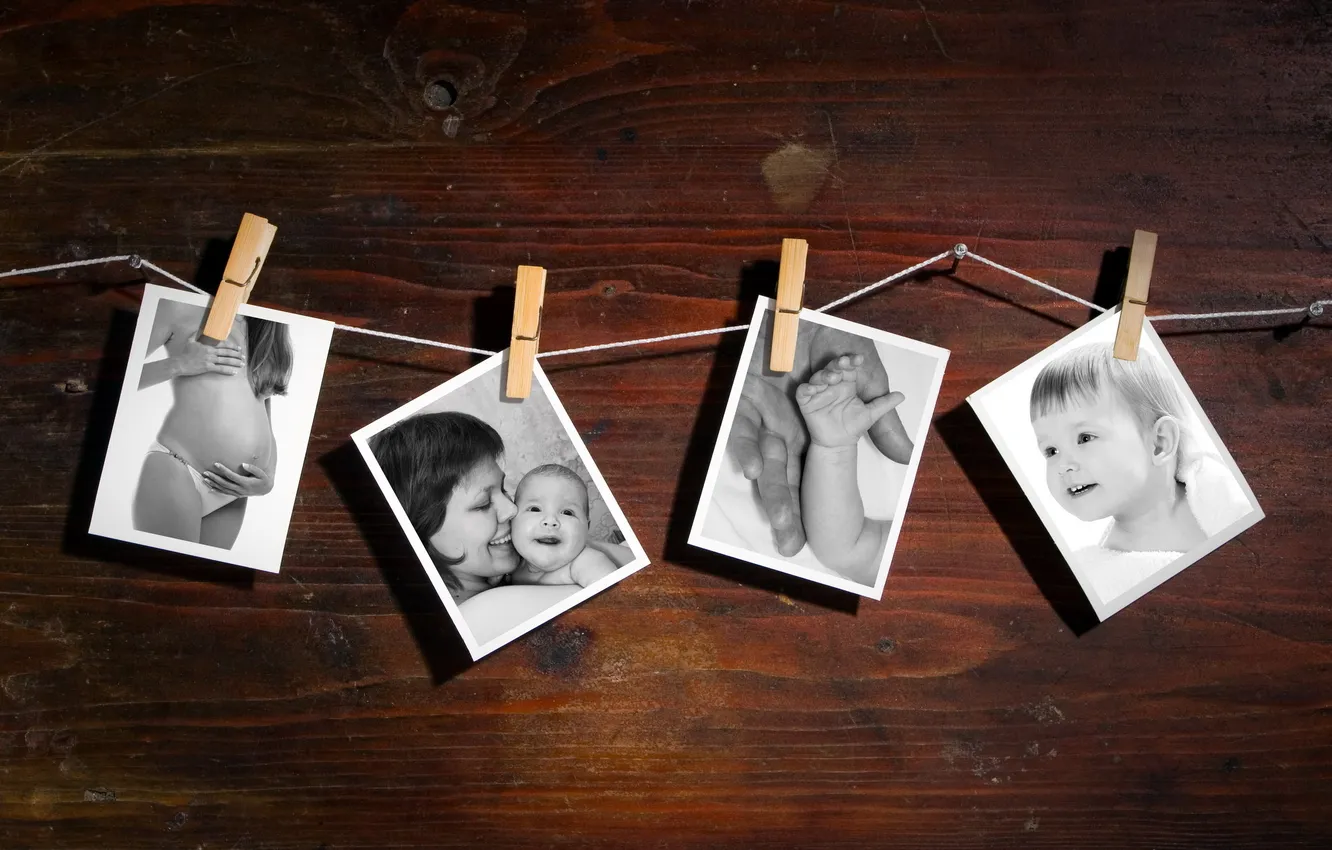 Photo wallpaper photo, collage, clothespins, Polaroid