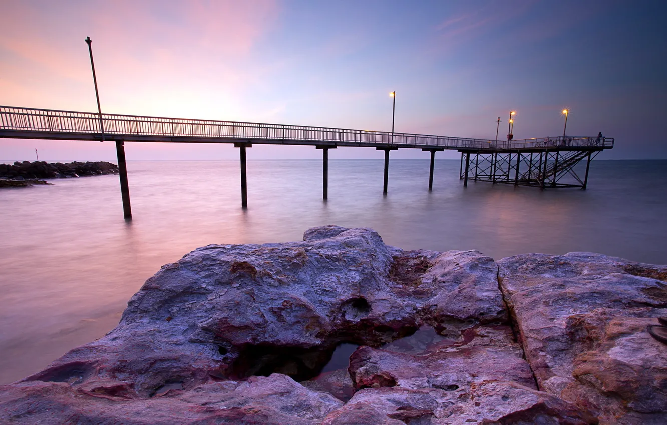 Photo wallpaper sea, landscape, sunset, bridge