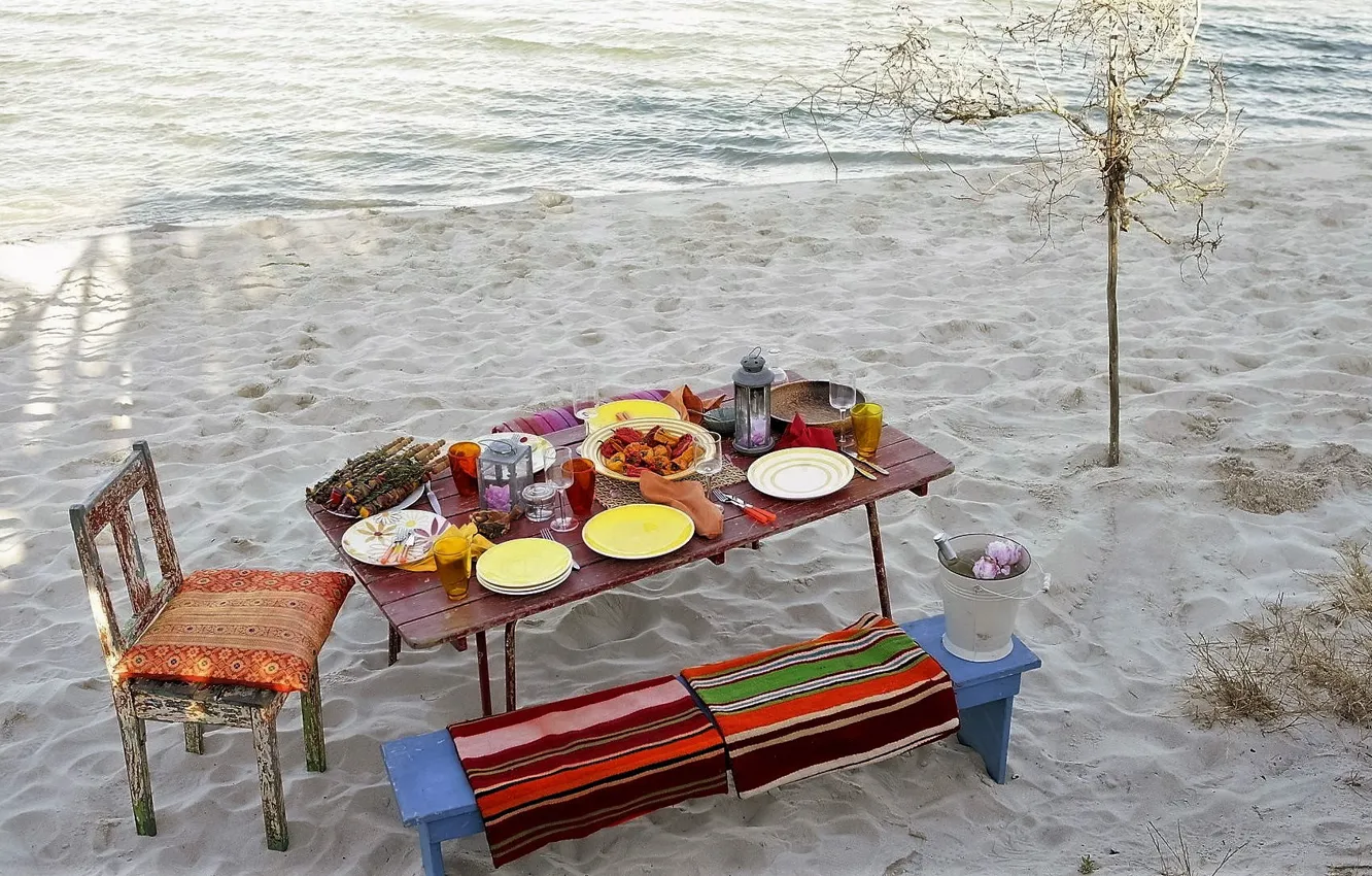 Photo wallpaper beach, food, sand, moods, Picnic on the Beach