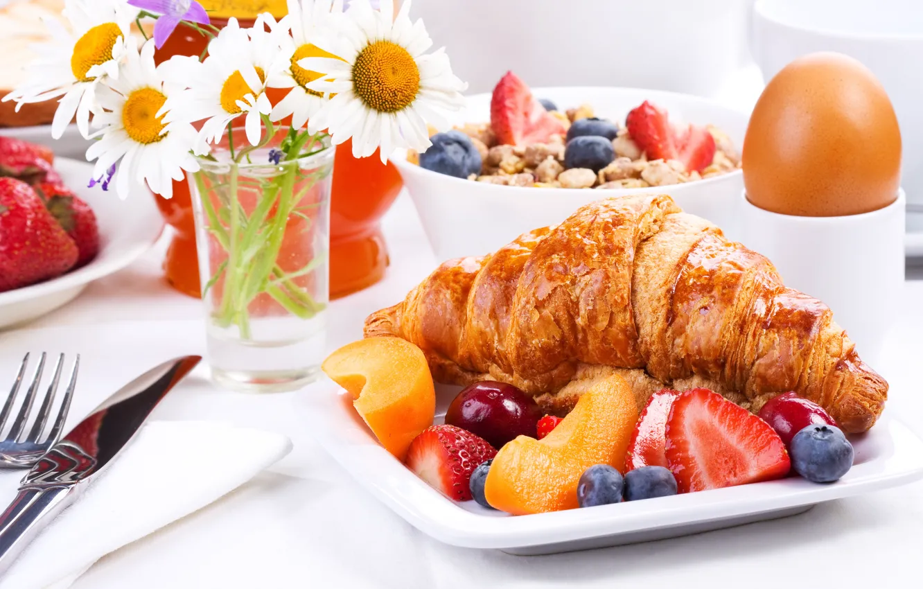 Photo wallpaper Breakfast, cakes, fruit, berries, growing, breakfast, croissant
