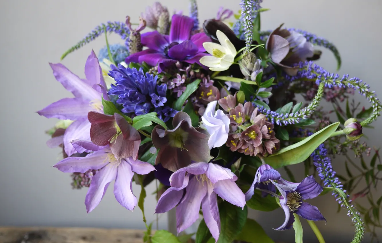 Photo wallpaper bouquet, anemones, clematis, hellebore