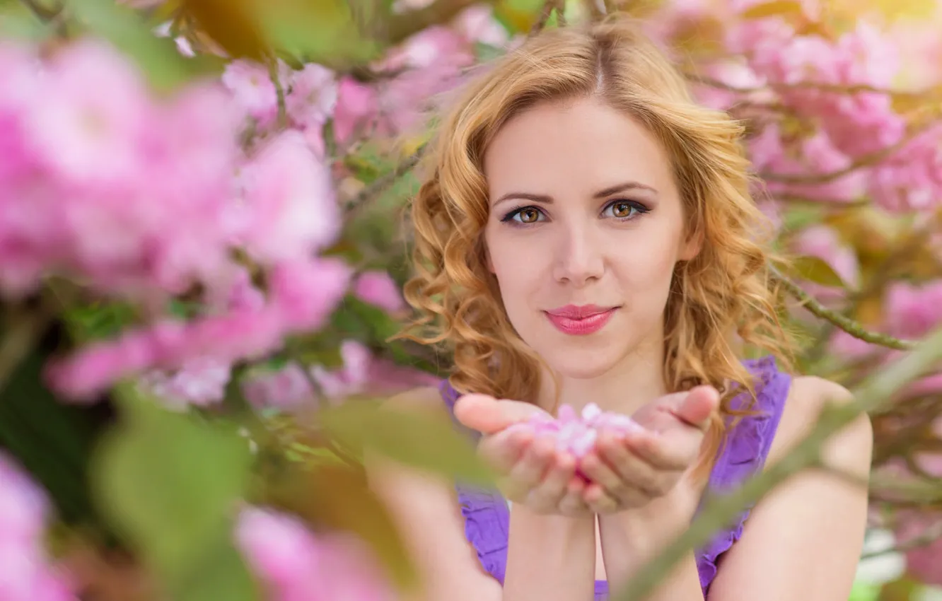 Photo wallpaper girl, flowers, branches, nature, spring, hands, blonde