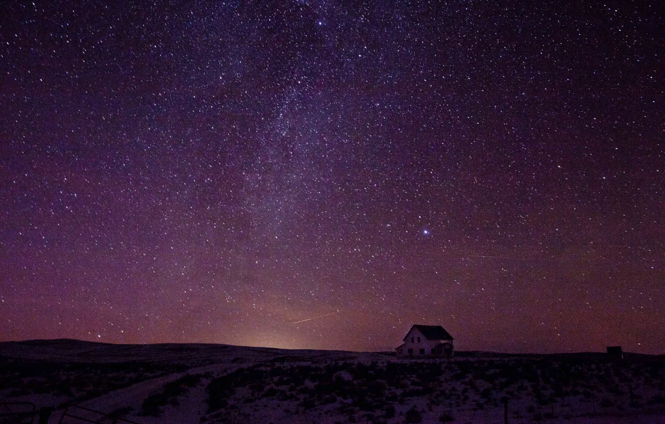 Photo wallpaper house, sky, night, winter, snow, stars, countryside, farm