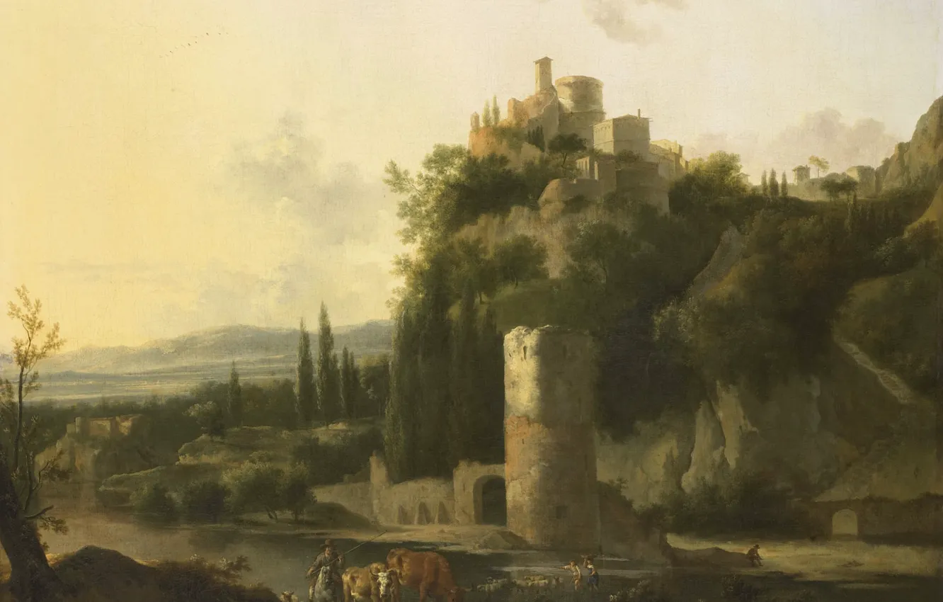 Photo wallpaper oil, picture, canvas, Frederic de Moucheron, Italian Landscape with Round Tower