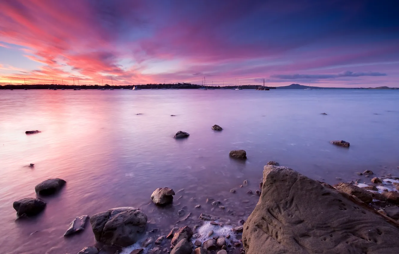 Photo wallpaper sunset, New Zealand, Auckland, Moon Bay, Half
