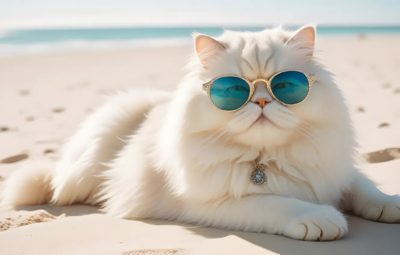 Photo wallpaper sand, sea, cat, white, beach, summer, cat, look