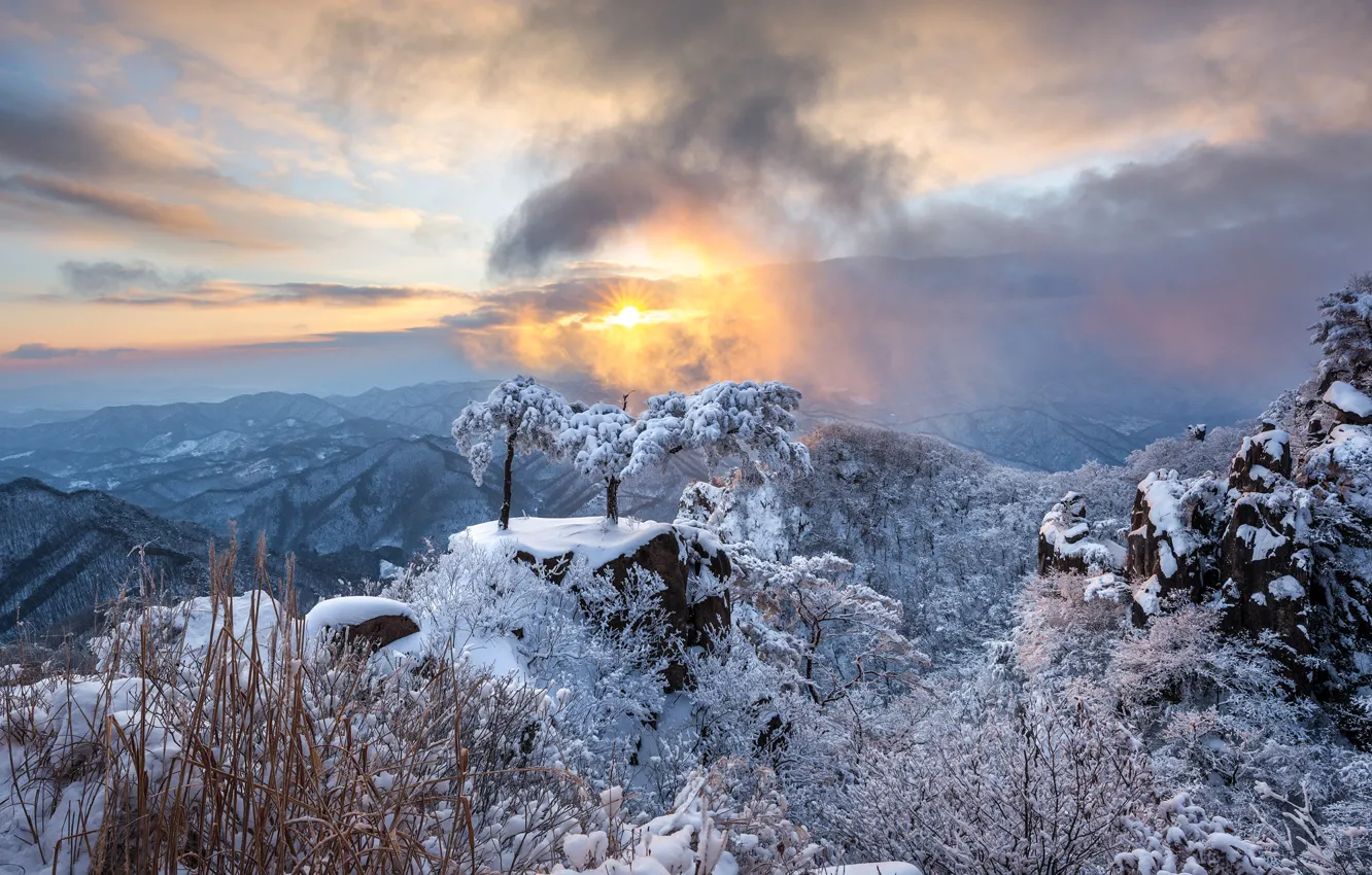 Photo wallpaper winter, the sun, clouds, rays, snow, landscape, mountains, nature