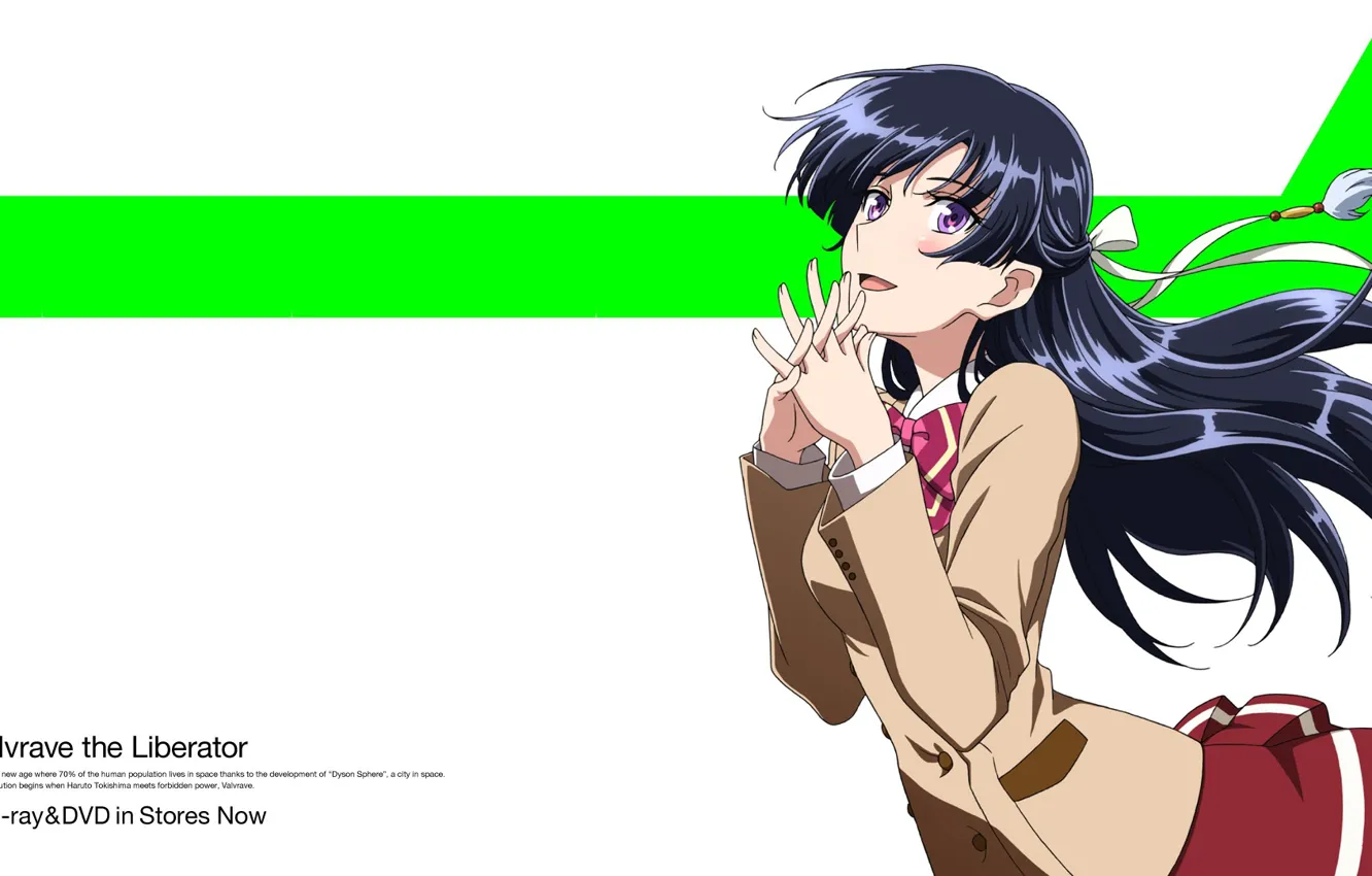 Photo wallpaper smile, white background, schoolgirl, bow, long hair, kakumeiki valvrave, rukino saki