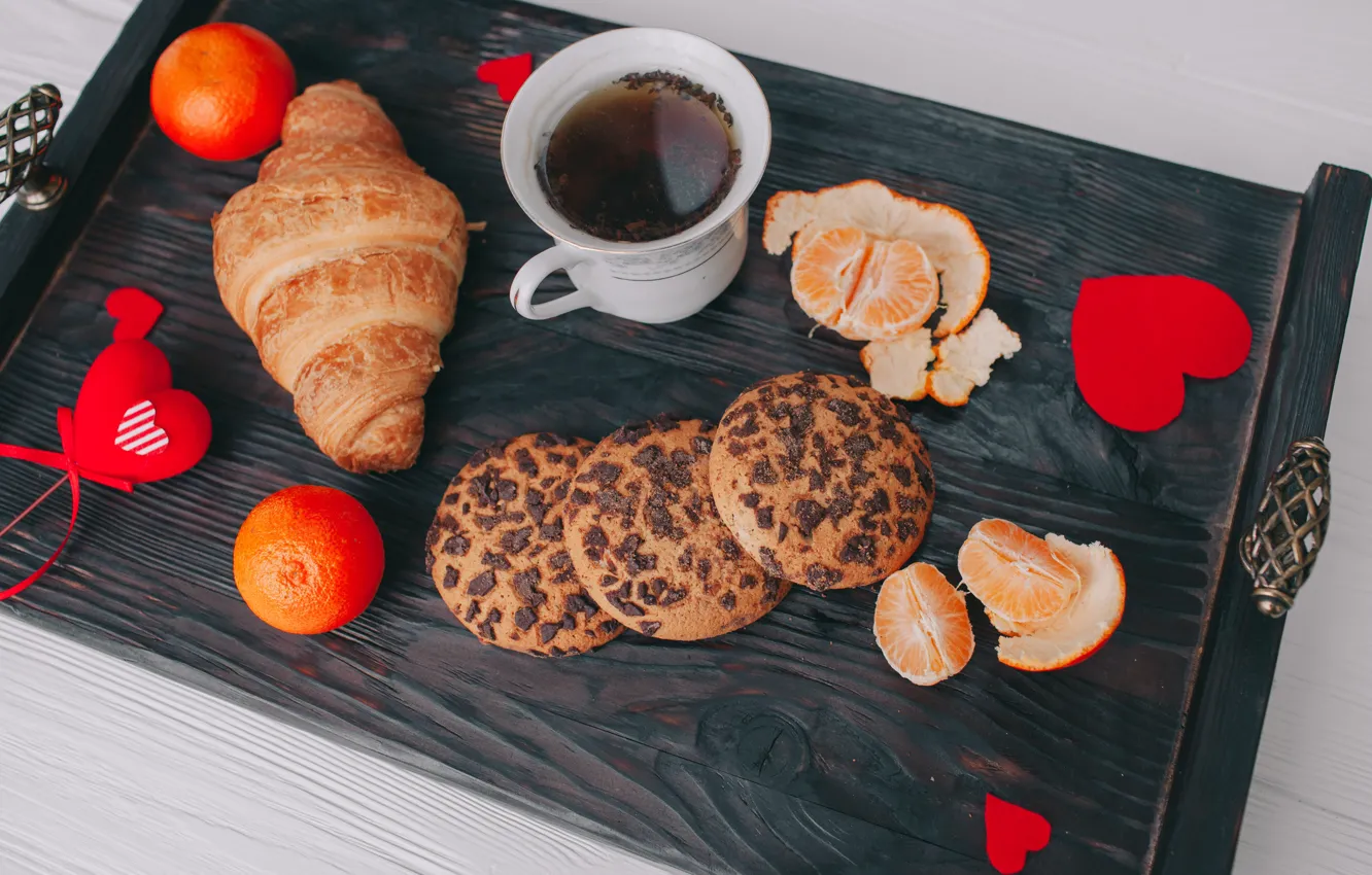 Photo wallpaper coffee, cookies, hearts, croissant, tangerines