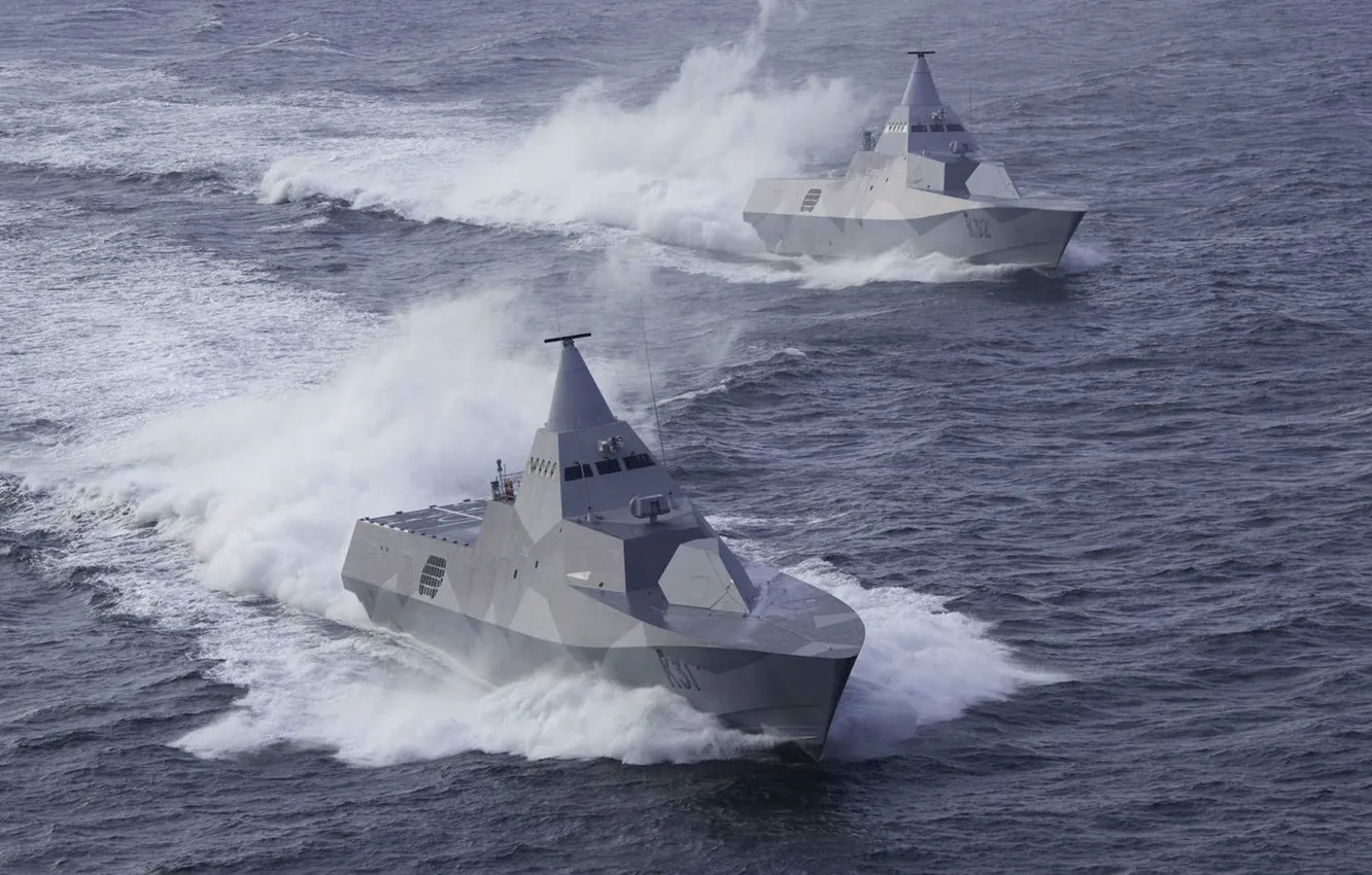 Photo wallpaper sea, pair, Sweden, Stealth, Corvette, Navy, Visby, type