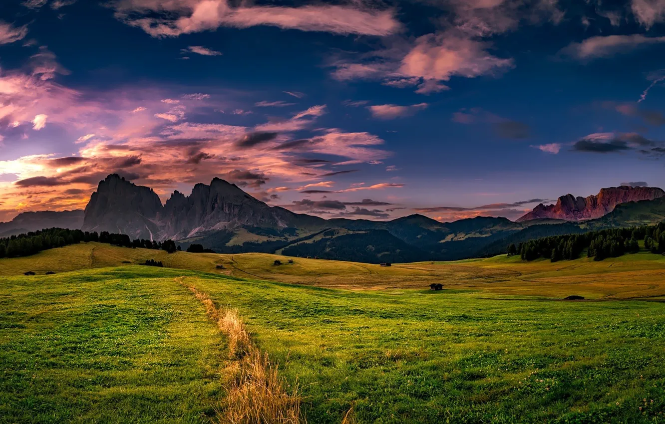 Photo wallpaper grass, sky, trees, landscape, nature, mountains, clouds, hills