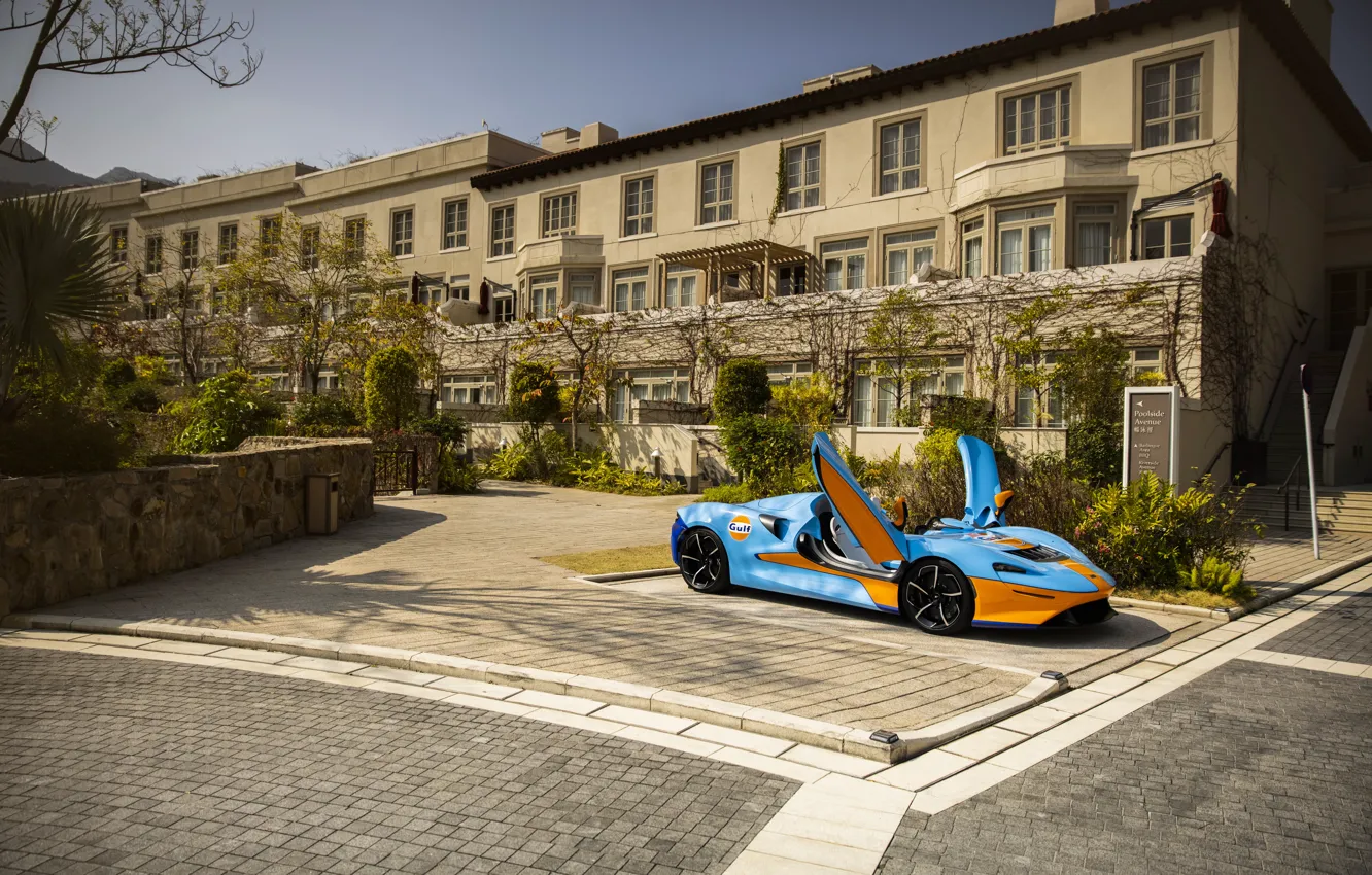 Photo wallpaper McLaren, sports car, MSO, Gulf, 2020, Elva, McLaren MSO Elva Gulf Theme, McLaren MSO