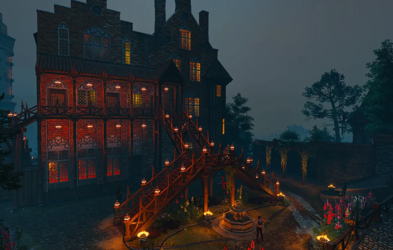 Photo wallpaper night, the city, home, sword, warrior, armor, the middle ages, The Witcher