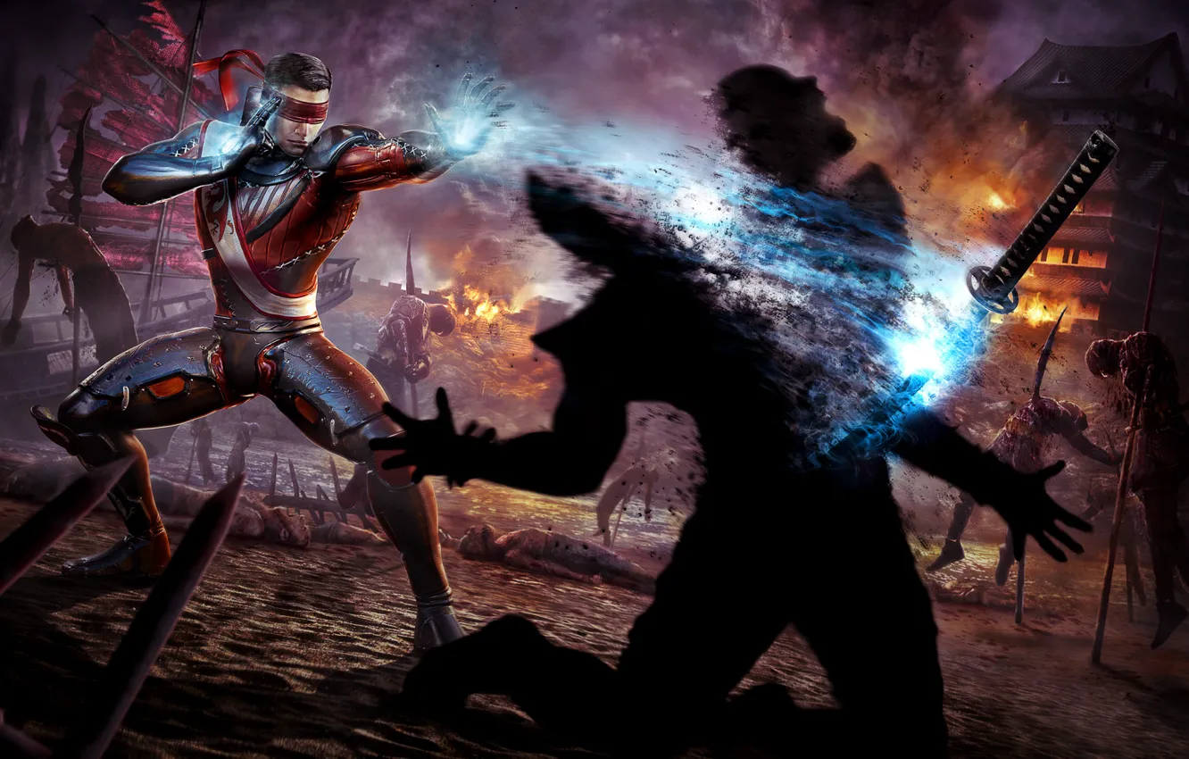 Photo wallpaper lights, death, fire, sword, warrior, shower, MAG, Mortal Kombat