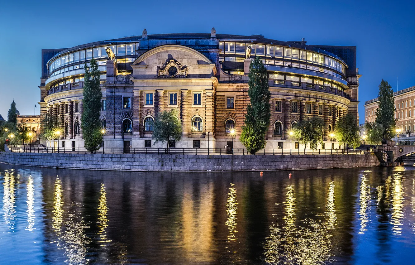 Photo wallpaper trees, lights, river, the evening, lights, Stockholm, Sweden, Palace