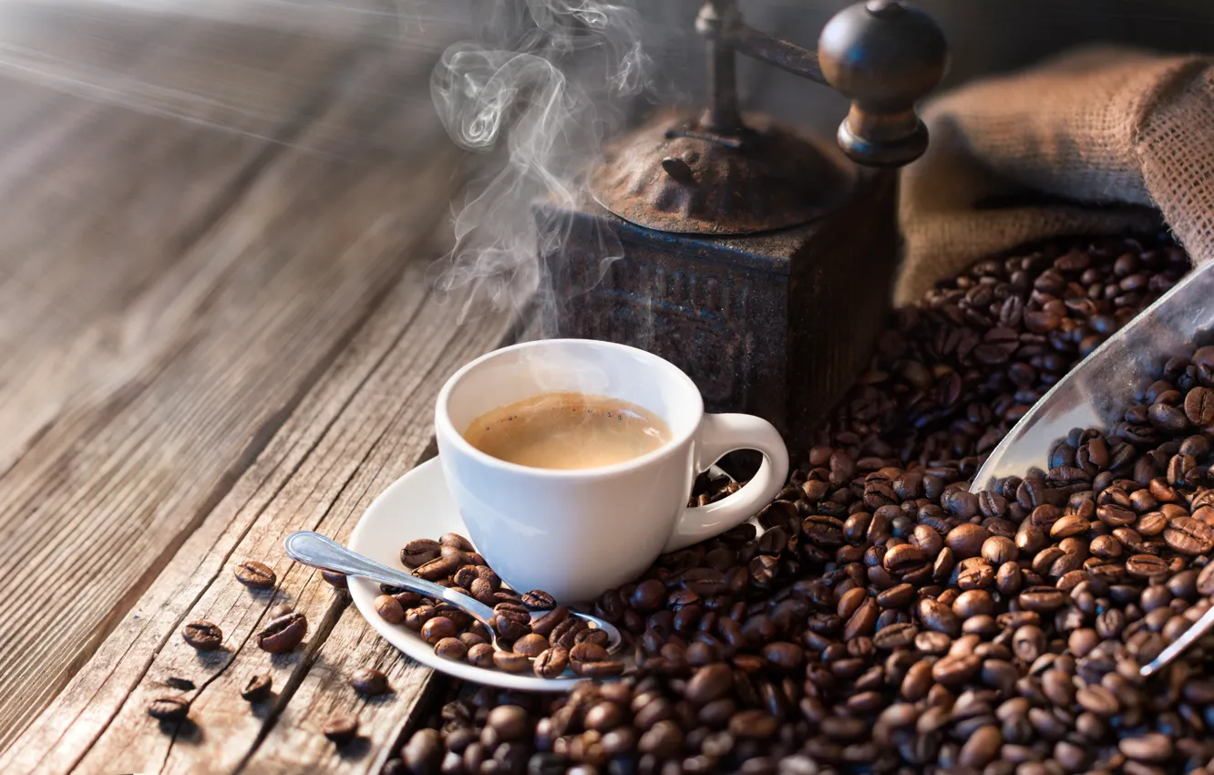 Photo wallpaper light, table, Board, coffee, hot, pair, spoon, mug