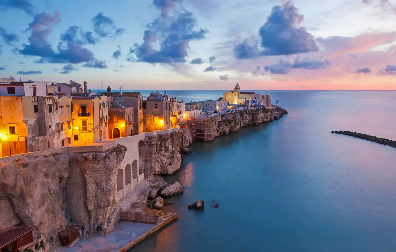 Photo wallpaper sea, lights, home, Italy, Cape, Apulia, Vieste